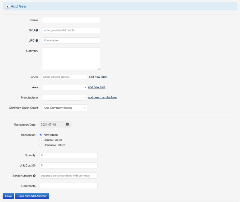 The Add New item screen in Stockpile displays a number of fill-in details to manually add information for an item, including name, SKU, UPC, manufacturer and more.