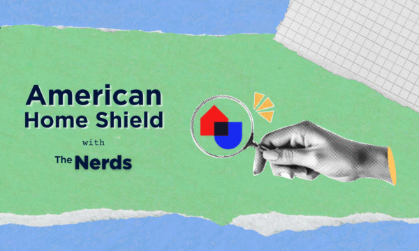 Graphic for American Home Shield review featuring the company logo under a magnifying glass held by "The Nerds" editorial team, symbolizing a deep-dive analysis of AHS home warranty plans.