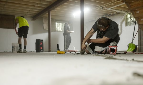People repairing a basement floor.