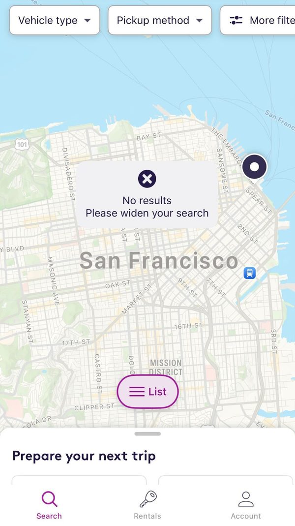 A screenshot of the Getaround app from Wednesday, Feb. 12, 2025, after news that serves was ending in the U.S.