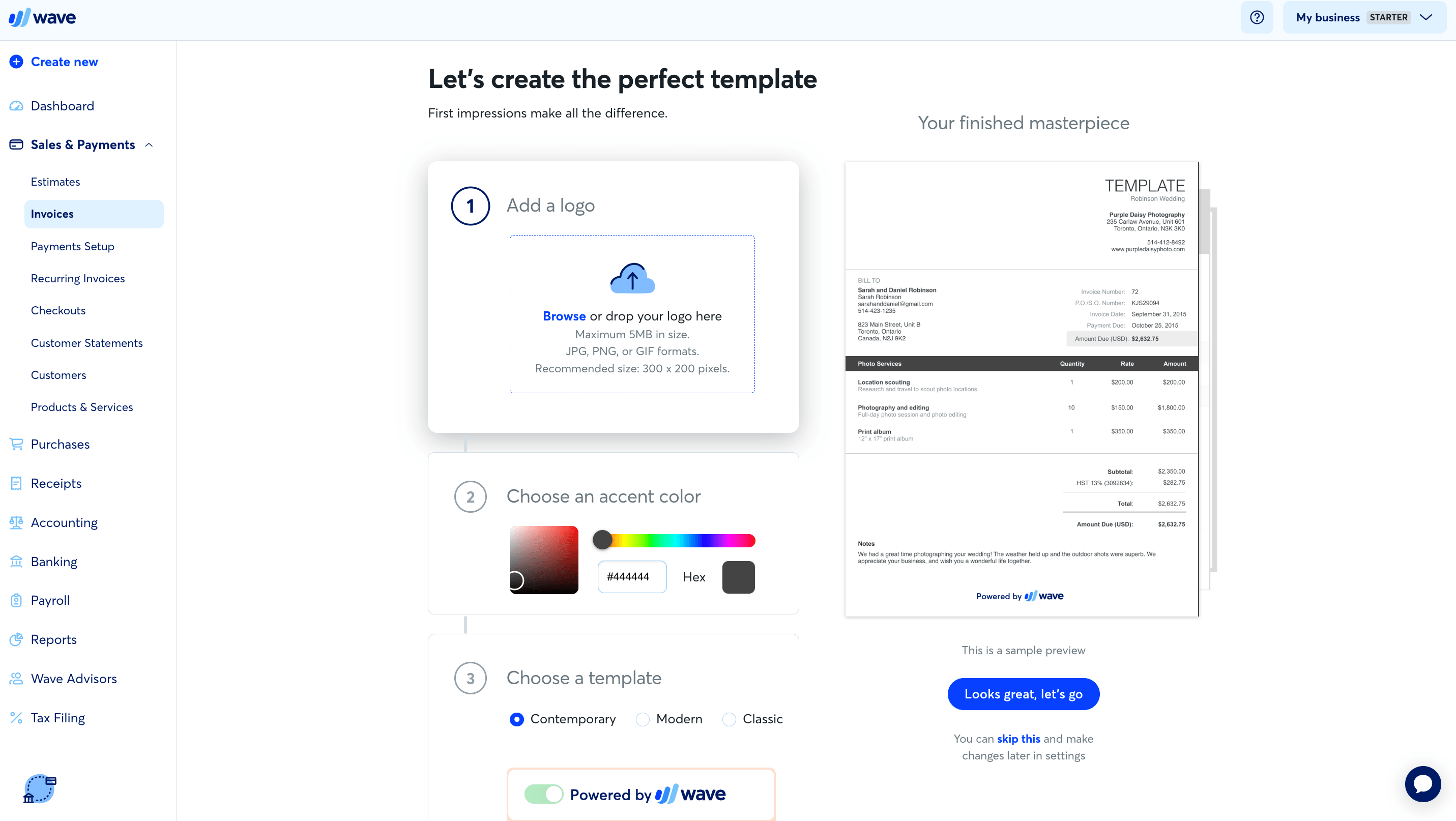 Invoice setup page