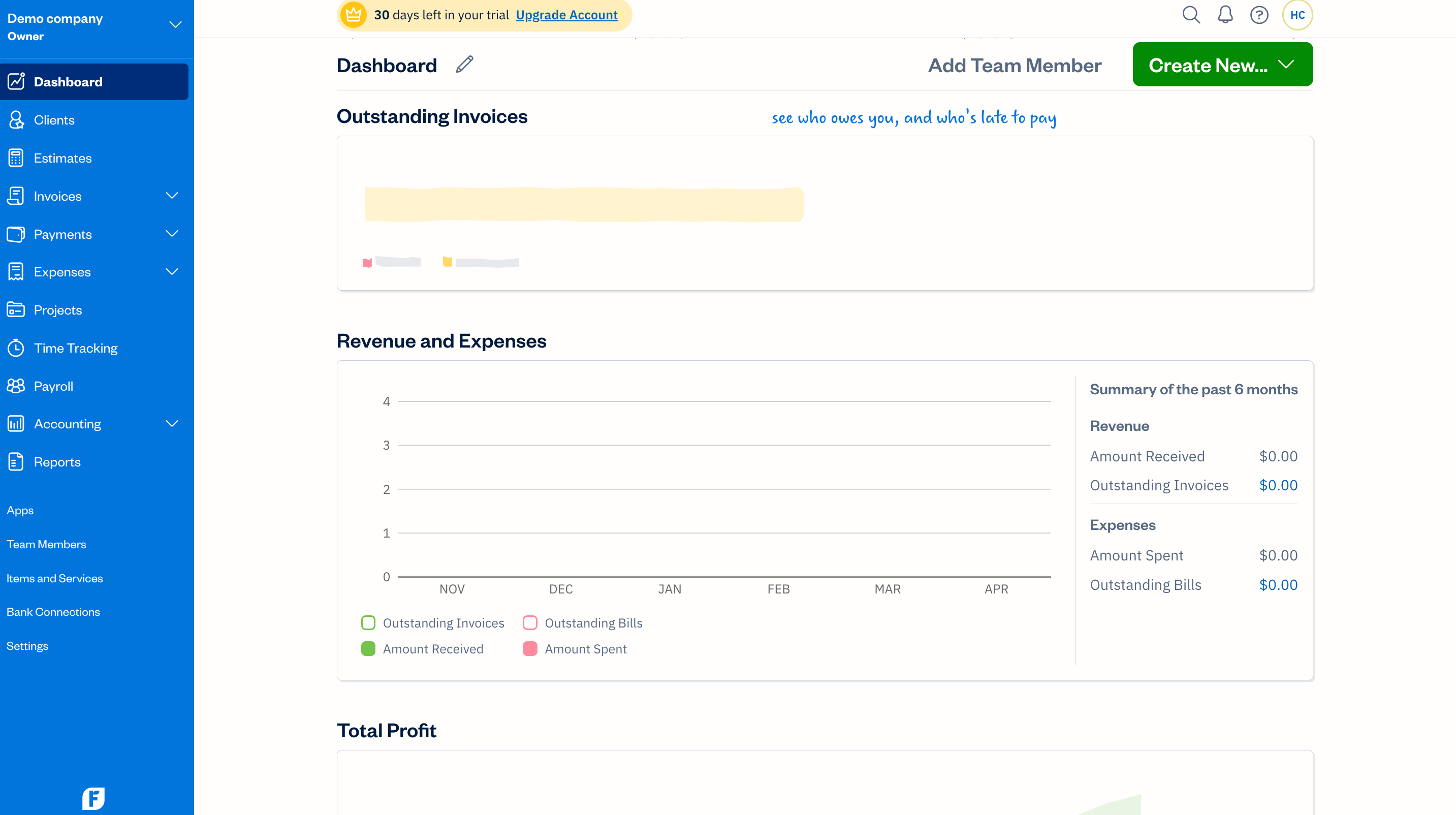 FreshBooks' dashboard