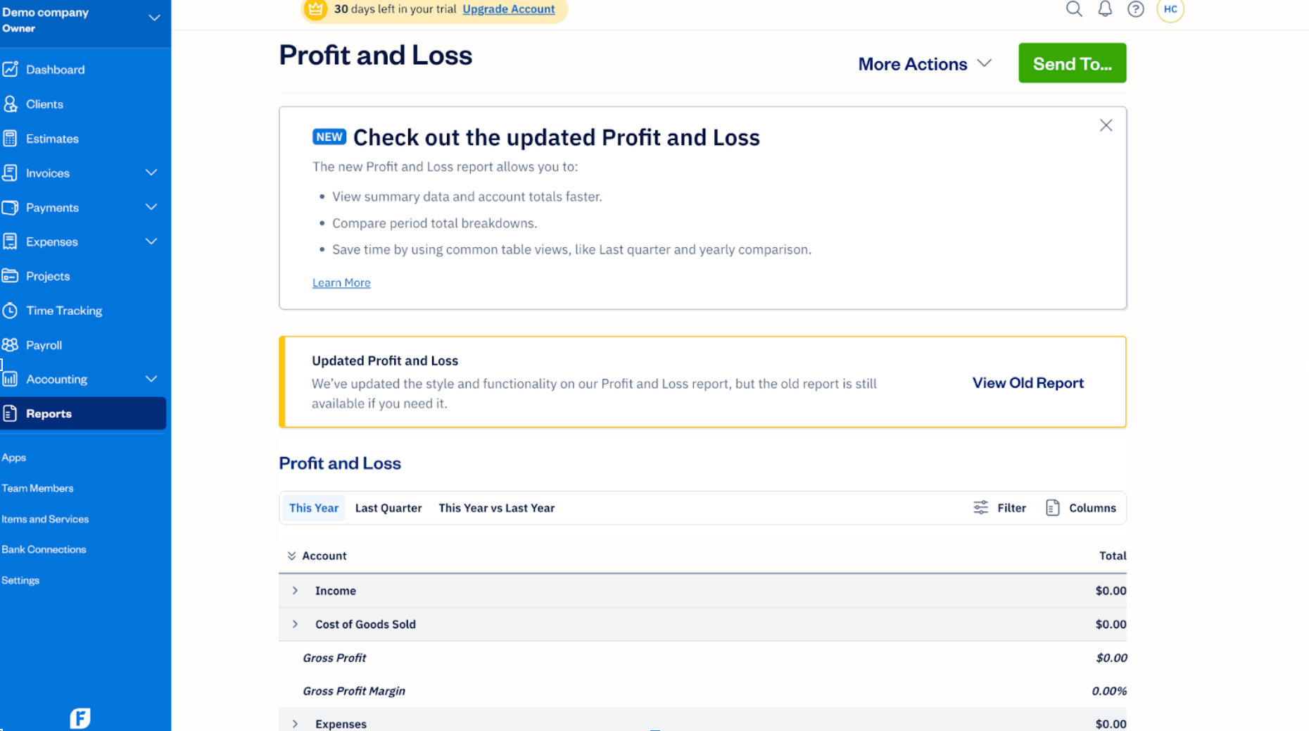 FreshBooks' profit and loss report