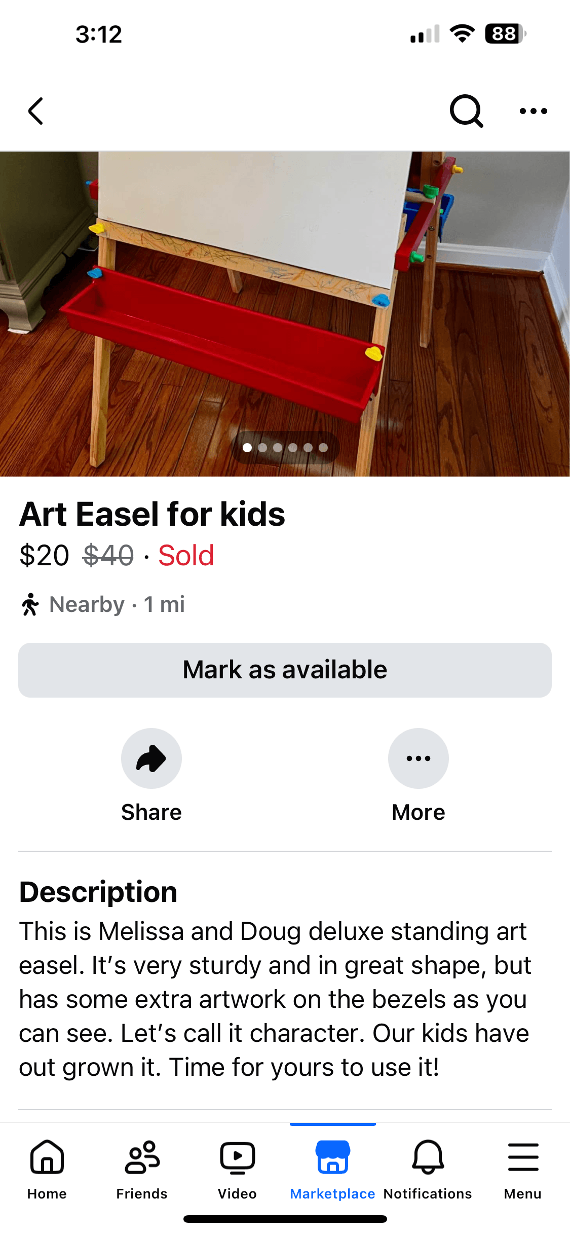 “This is a Melissa & Doug deluxe standing art easel. It’s very sturdy and in great shape, but has some extra artwork on the bezels as you can see. Let’s call it character. Our kids have outgrown it. Time for yours to use it!”