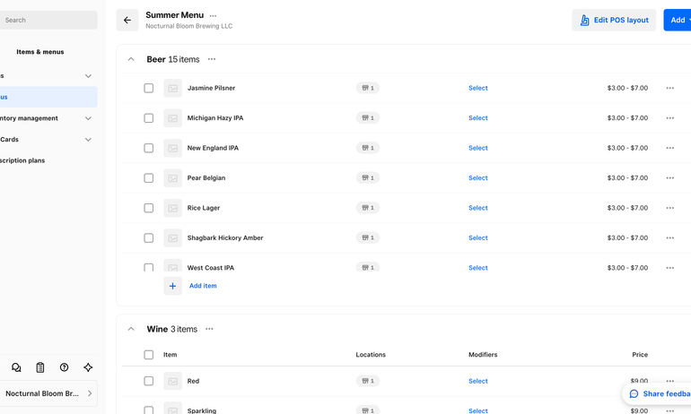 Creating a menu in Square.
