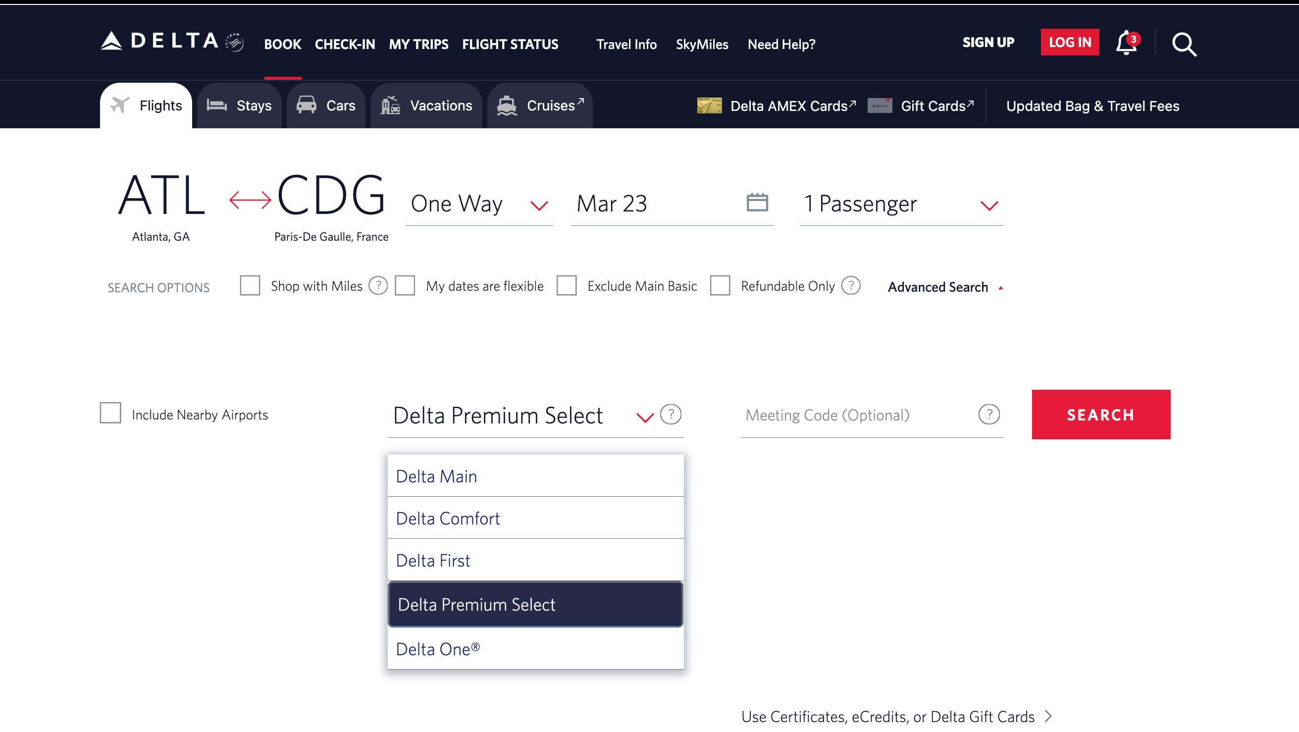 Delta flight search
