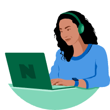 woman on computer with headphones