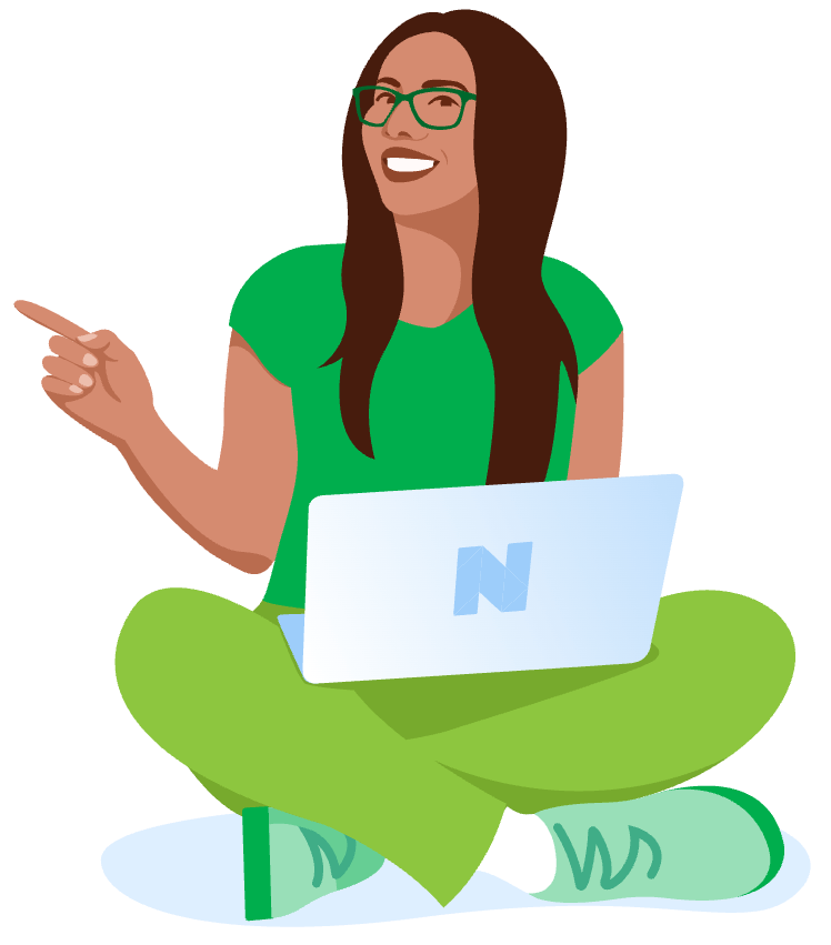 An illustration of a woman in green clothes smiling and pointing toward the text. A laptop is in her lap.