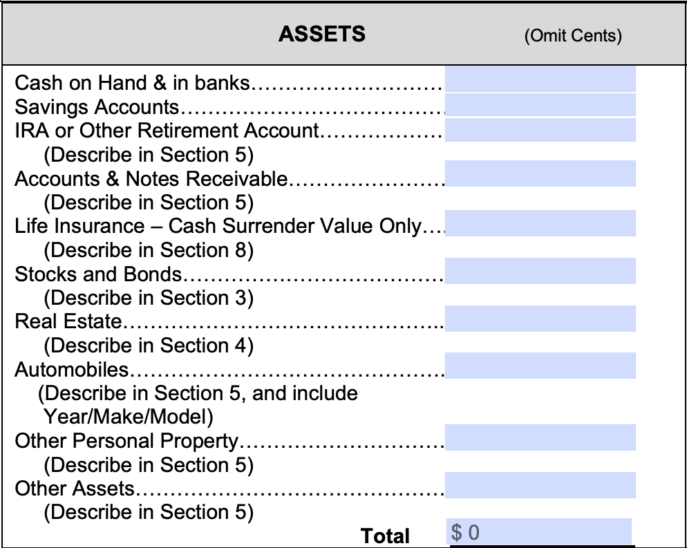 sba form 413, list of assets
