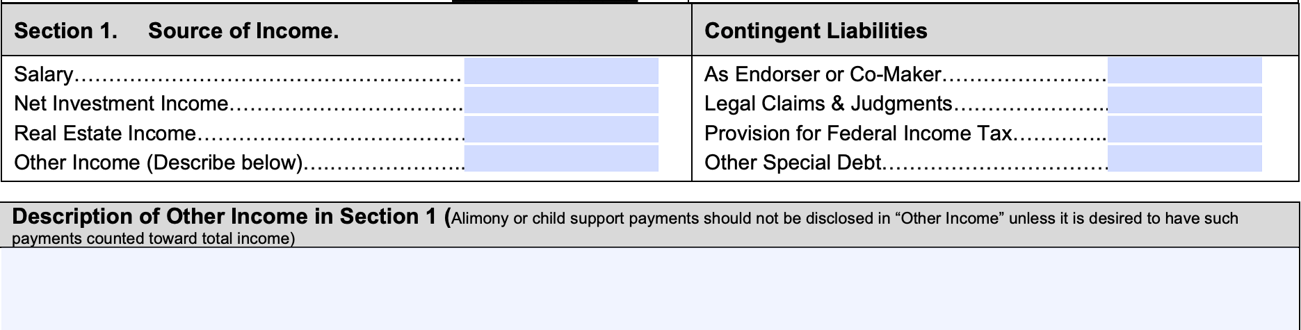 sba form 413, income and contingent liabilities