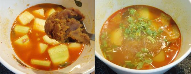 adding jaggery coriander leaves for anapakaya pulusu