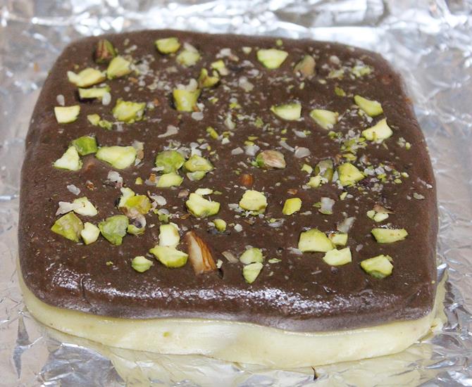 Mixture set to make a double decker chocolate burfi