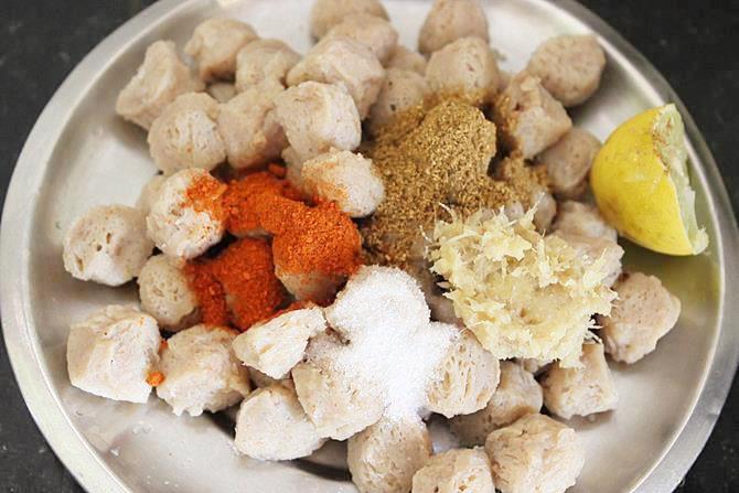 addition of ginger garlic paste to make soya chunks kurma