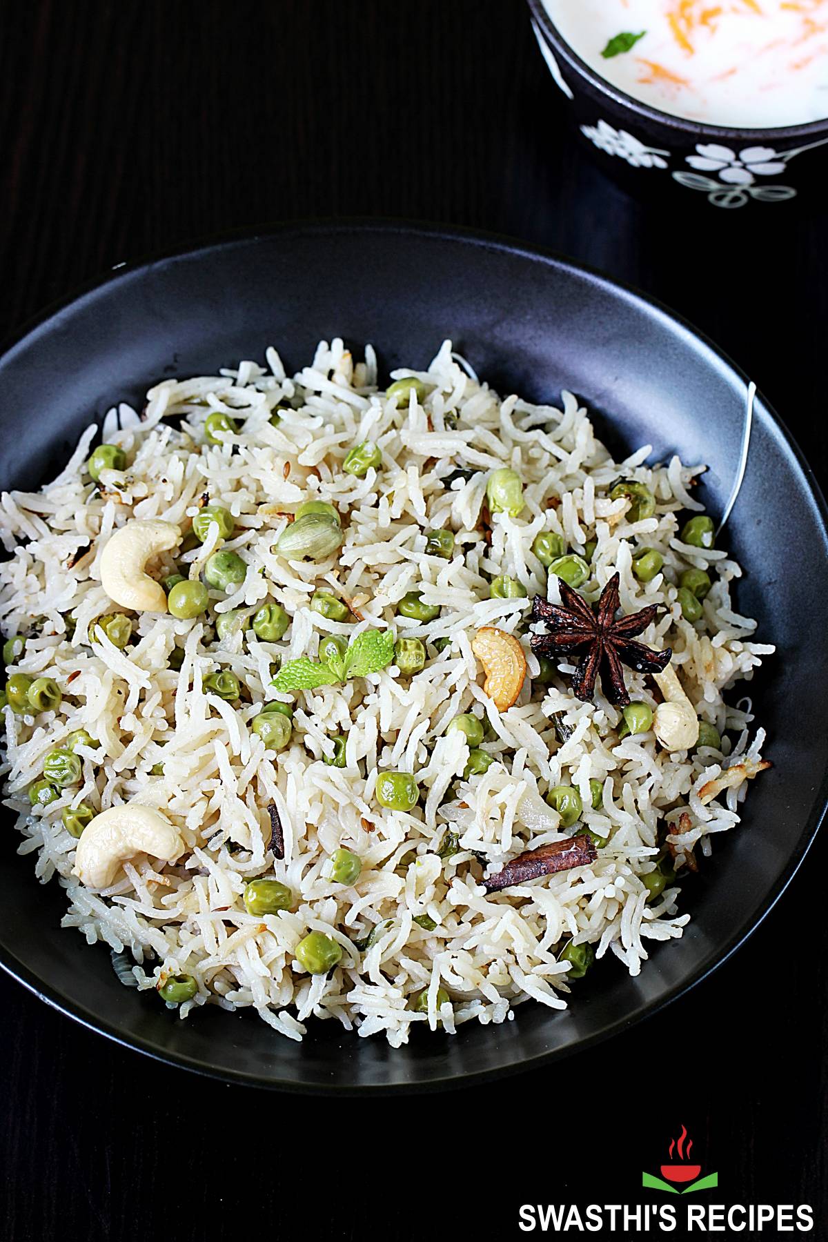 Peas pulao also known as matar pulao served in a black plate